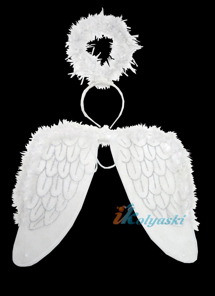 Крылья Ангела, Карнавальный набор с крыльями и ободок с нимбом, артикул Е91181, фирма Snowmen, новогодние карнавальные аксессуары, белые крылья Ангела, нимб