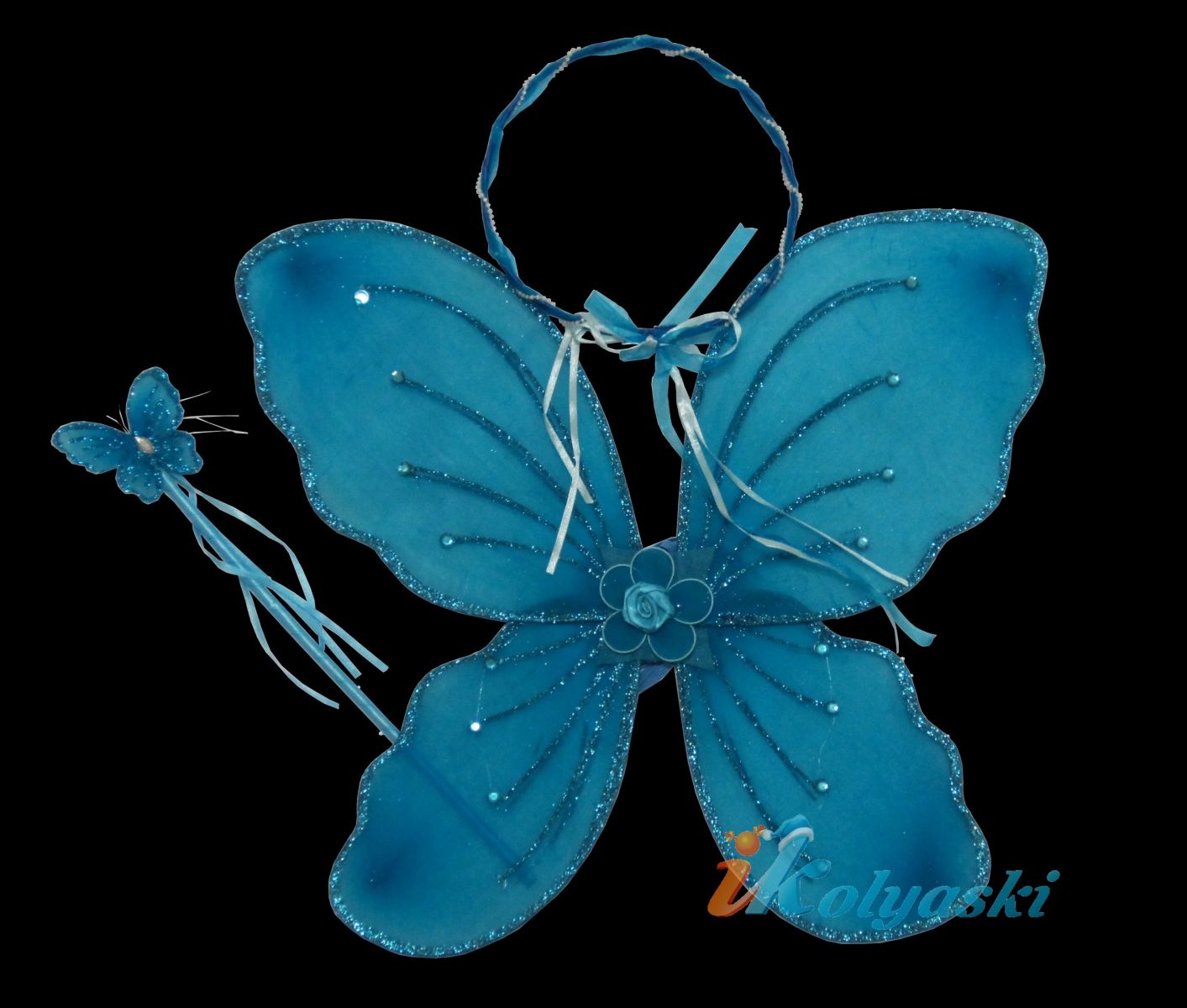 Крылья бабочки, крылья волшебной феи бабочек, крылья стрекозы, крылья голубого мотылька, урылья феи Винкс. Карнавальный набор: крылья двойные, ободок, волшебная палочка (Winx), размер крыльев 47х38 см, цвет ГОЛУБОЙ, артикул Е91191, фирма Snowmen
