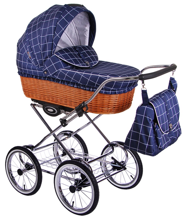 Детская коляска для новорожденных 3 в 1 Lonex Classic Retro НАТУРАЛЬНАЯ ПЛЕТЕНАЯ КОРЗИНА плащевка, цвет Blue клетка