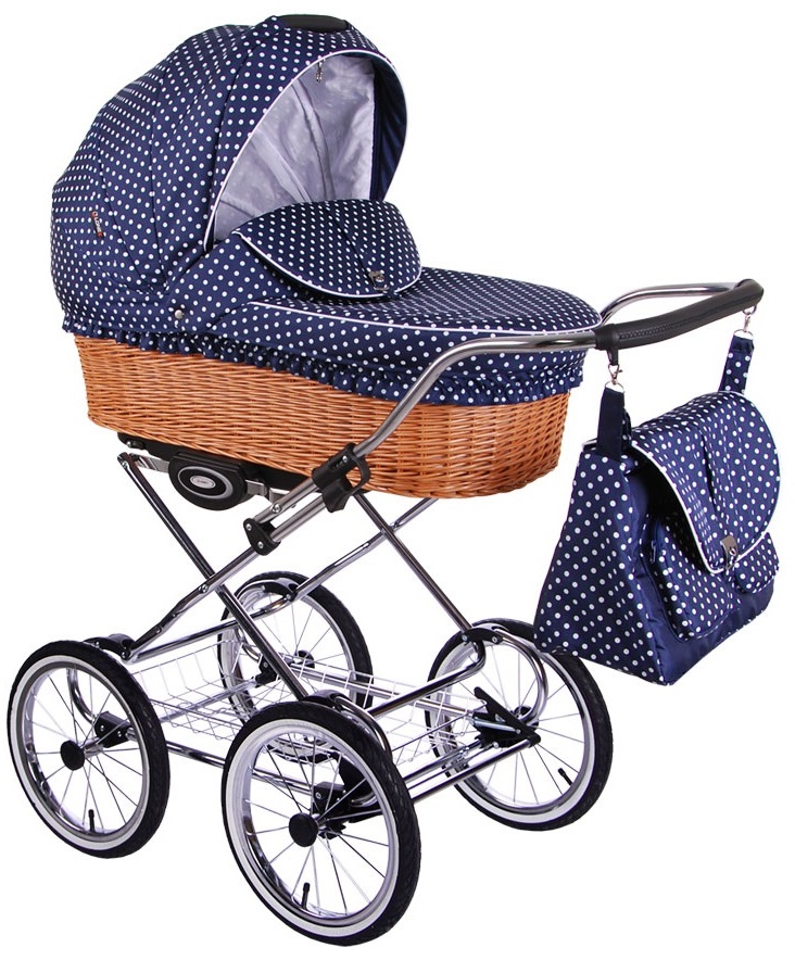 Детская коляска для новорожденных 3 в 1 Lonex Classic Retro НАТУРАЛЬНАЯ ПЛЕТЕНАЯ КОРЗИНА плащевка, цвет Blue горох