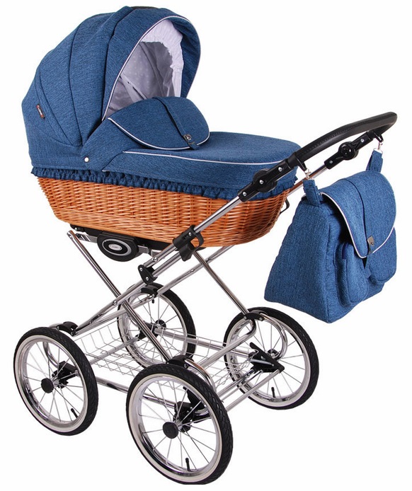 Детская коляска для новорожденных 2 в 1 Lonex Classic Retro, люлька НАТУРАЛЬНАЯ ПЛЕТЕНАЯ КОРЗИНА, ТКАНЬ ЛЁН, цвет Blue