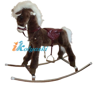 Детская лошадка-качалка Игреневая с белой гривой, с гипоаллергенным мехом, металлическая качалка, озвученная, на батарейках, модель Любимка. Работает от 2-х батареек пальчиковых АА