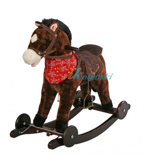 Детская лошадка-качалка и каталка, колеса, деревянная качалка, со звуком, на батарейках, с гипоаллергенным мехом, машет хвостом, открывает рот, артикул JR607
