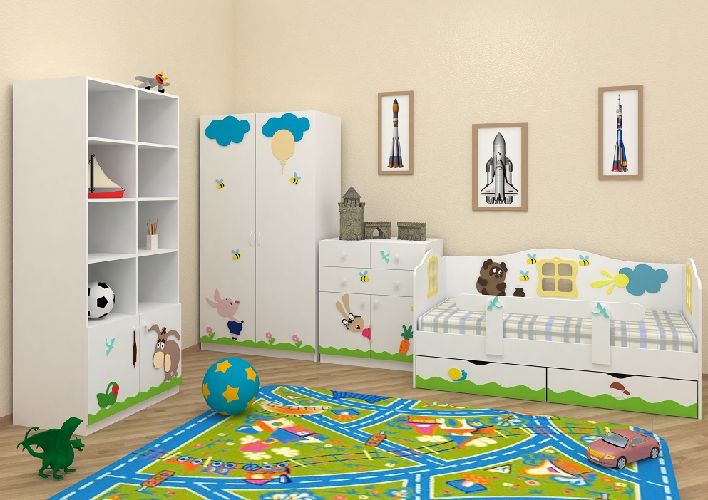 Детская мебель для мальчика, к4роватка с бортиками, стеллаж, шкаф и комод серии Винни-Пух