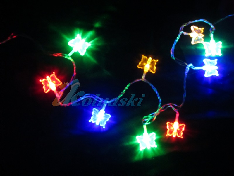 Новогодняя светодиодная гирлянда на елку, LED лампы, 50 бабочек 3, 5 см, цветные (2/8 ф) в пвх (прозрачный провод), 5 метров длина шнура, +1,5 метра шнур до розетки, артикул Е70276, фирма Snowmen