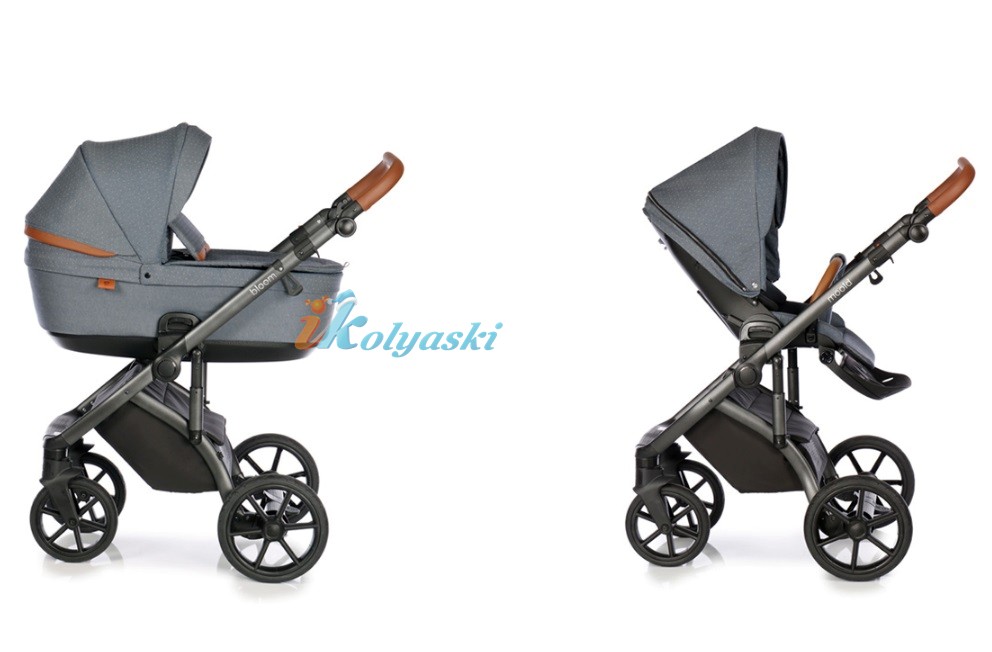 Roan Bloom 3 в 1 детская коляска для новорожденного на гелиевых бескамерных поворотных колесах с прогулочным блоком и автокреслом, цвет  Blue Dots