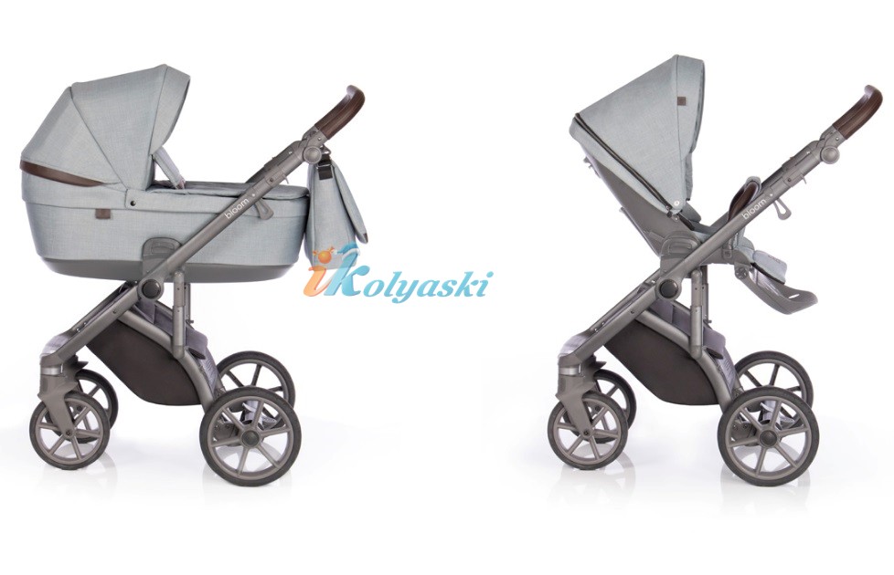Roan Bloom 3 в 1 детская коляска для новорожденного на гелиевых бескамерных поворотных колесах с прогулочным блоком и автокреслом, цвет  Cloud Blue 