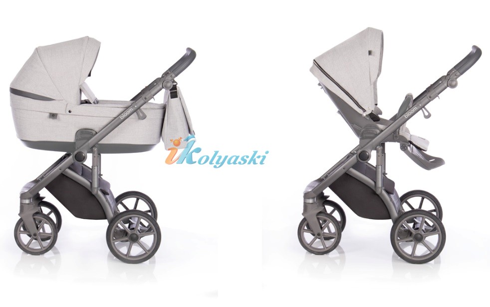 Roan Bloom 3 в 1 детская коляска для новорожденного на гелиевых бескамерных поворотных колесах с прогулочным блоком и автокреслом, цвет Grey Powder