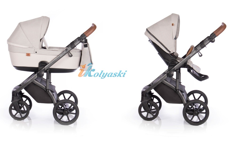 Roan Bloom 3 в 1 детская коляска для новорожденного на гелиевых бескамерных поворотных колесах с прогулочным блоком и автокреслом, цвет Ivory