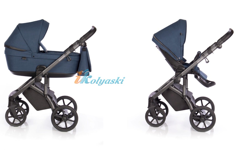 Roan Bloom 3 в 1 детская коляска для новорожденного на гелиевых бескамерных поворотных колесах с прогулочным блоком и автокреслом, цвет Midnight