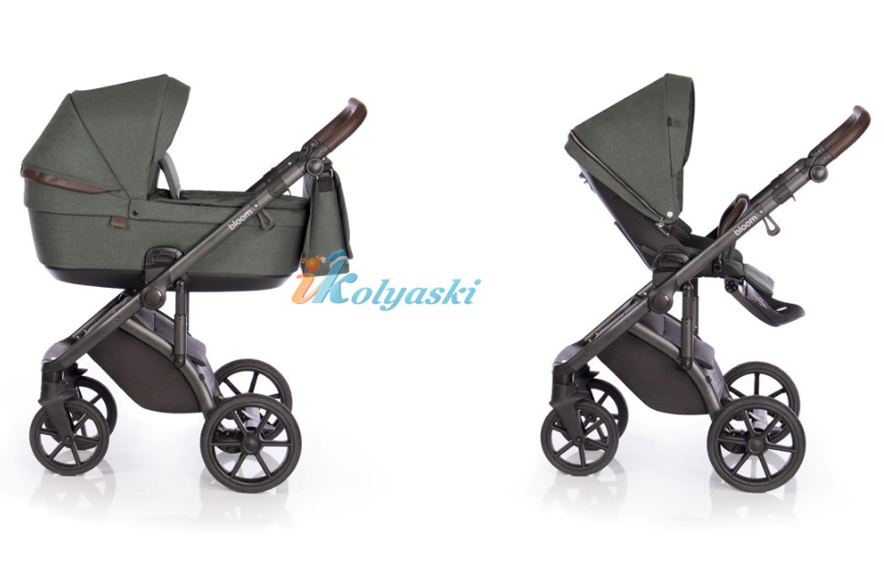 Roan Bloom 3 в 1 детская коляска для новорожденного на гелиевых бескамерных поворотных колесах с прогулочным блоком и автокреслом, цвет Night Green