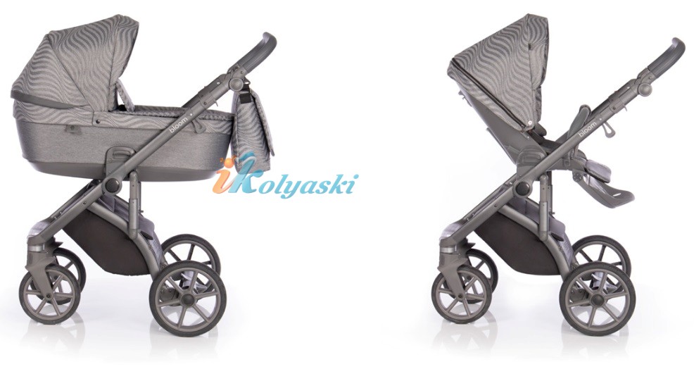 Roan Bloom 3 в 1 детская коляска для новорожденного на гелиевых бескамерных поворотных колесах с прогулочным блоком и автокреслом, цвет Steel