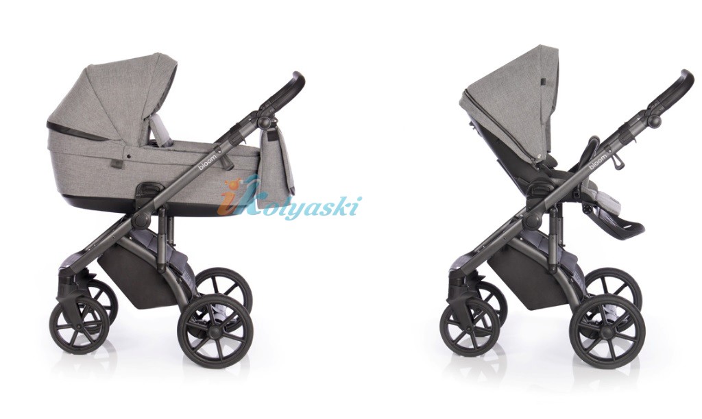 Roan Bloom 3 в 1 детская коляска для новорожденного на гелиевых бескамерных поворотных колесах с прогулочным блоком и автокреслом, цвет Titanium