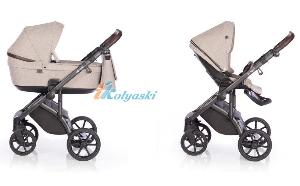 Roan Bloom 3 в 1 детская коляска для новорожденного на гелиевых бескамерных поворотных колесах с прогулочным блоком и автокреслом, цвет TRUFFLE